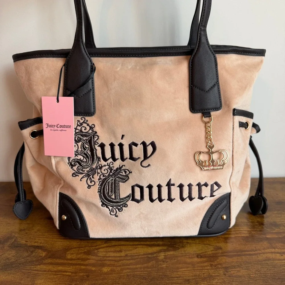 New Juicy Couture Renaissance Large Tote Shoulder Handbag Beige Brown Charm Y2K
